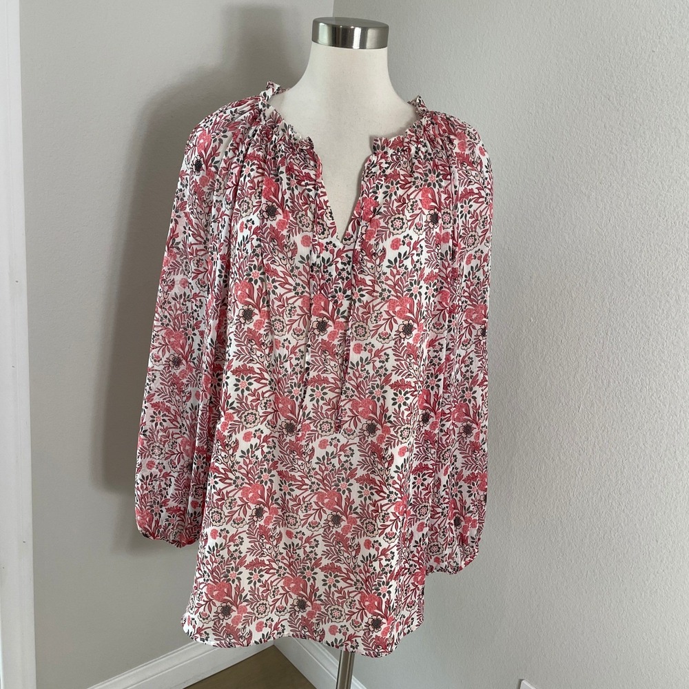 Talbots Plus 2X Floral Peasant Blouse Red Pink Long Sleeve Ruffle‎ Neck Top
